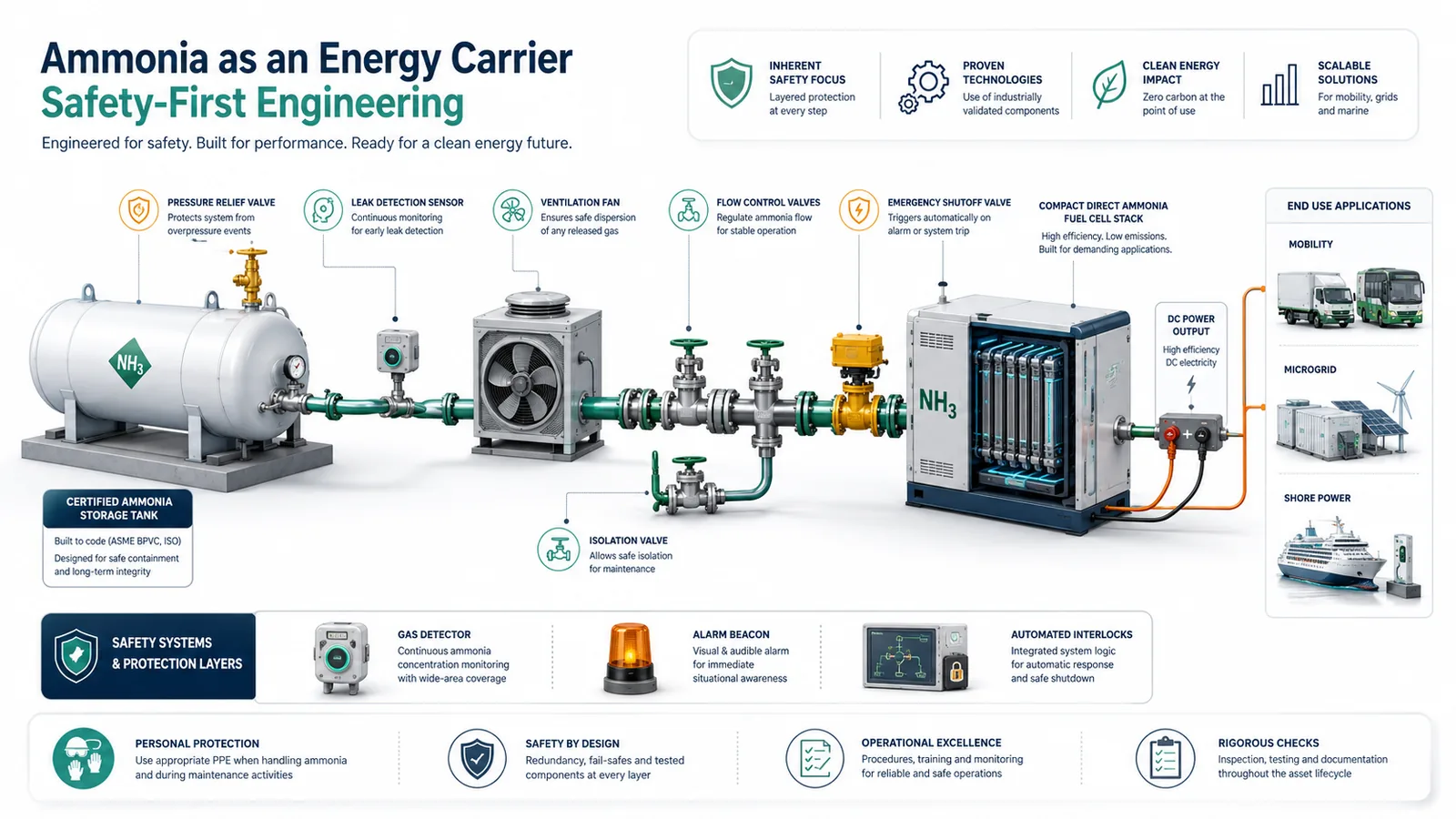 Concept illustration of H₂One's safety-first ammonia-to-power architecture: certified storage, pressure relief, leak detection, ventilation, flow control, isolation and emergency shutoff valves, DAFC stack, DC power output, and end-use applications