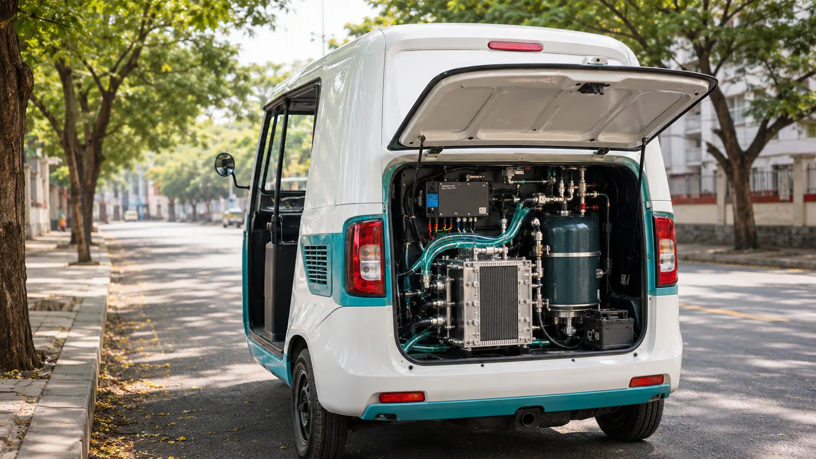 Electric three-wheeler with a direct ammonia fuel cell power module in the rear