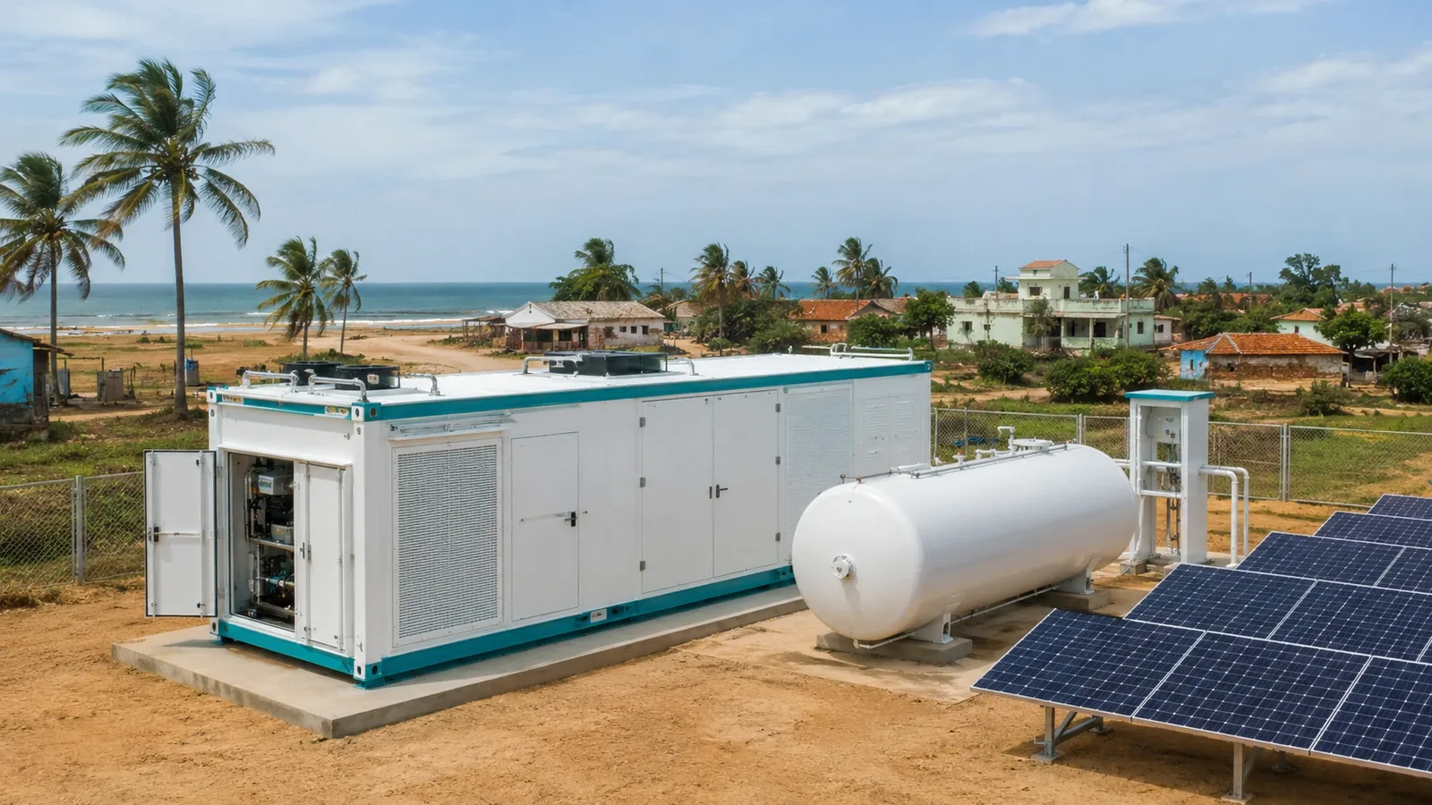 Containerised microgrid power unit with ammonia tank and solar in a coastal village