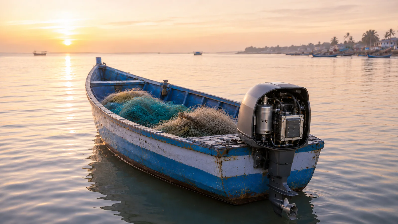 Coastal fishing boat fitted with a direct ammonia fuel cell outboard power unit at sunset