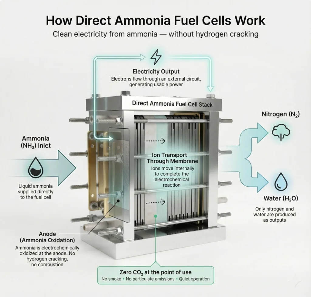 Diagram: how a direct ammonia fuel cell works — ammonia in, electricity out, water and nitrogen as the only outputs