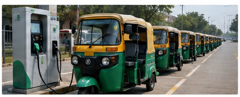 Auto-rickshaws queued at an electric charging station