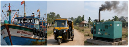 Diesel-powered fishing boat, auto-rickshaw and generator