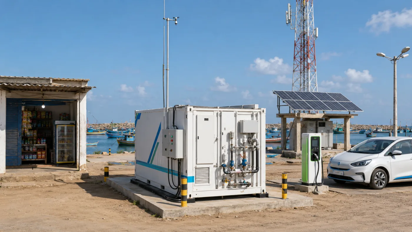 Coastal microgrid clean-power unit serving a shop, telecom tower and EV charger