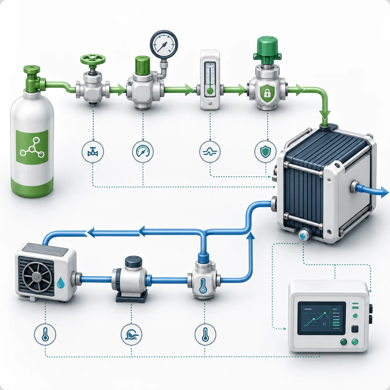 Balance-of-plant flow diagram with valves, sensors and pumps