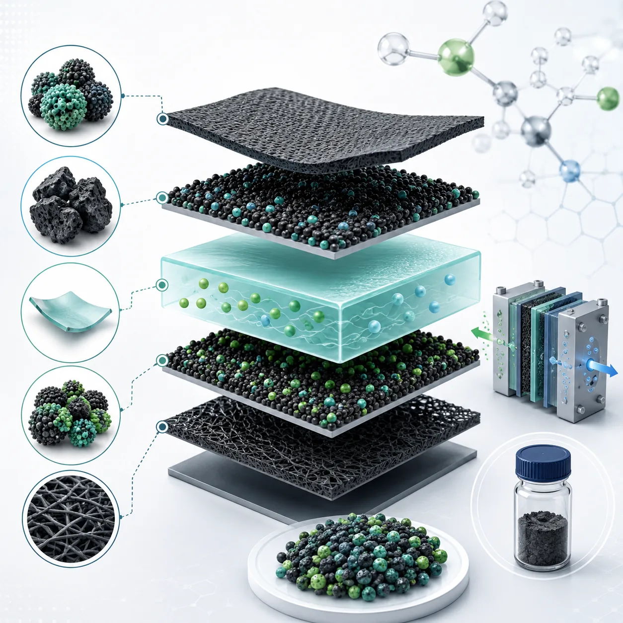 Layered membrane-electrode assembly and catalyst materials