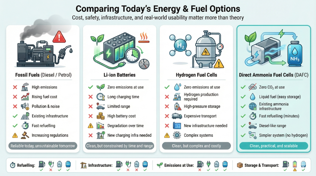 Comparing Today's Energy & Fuel Options - Fossil Fuels, Li-ion Batteries, Hydrogen Fuel Cells, Direct Ammonia Fuel Cells