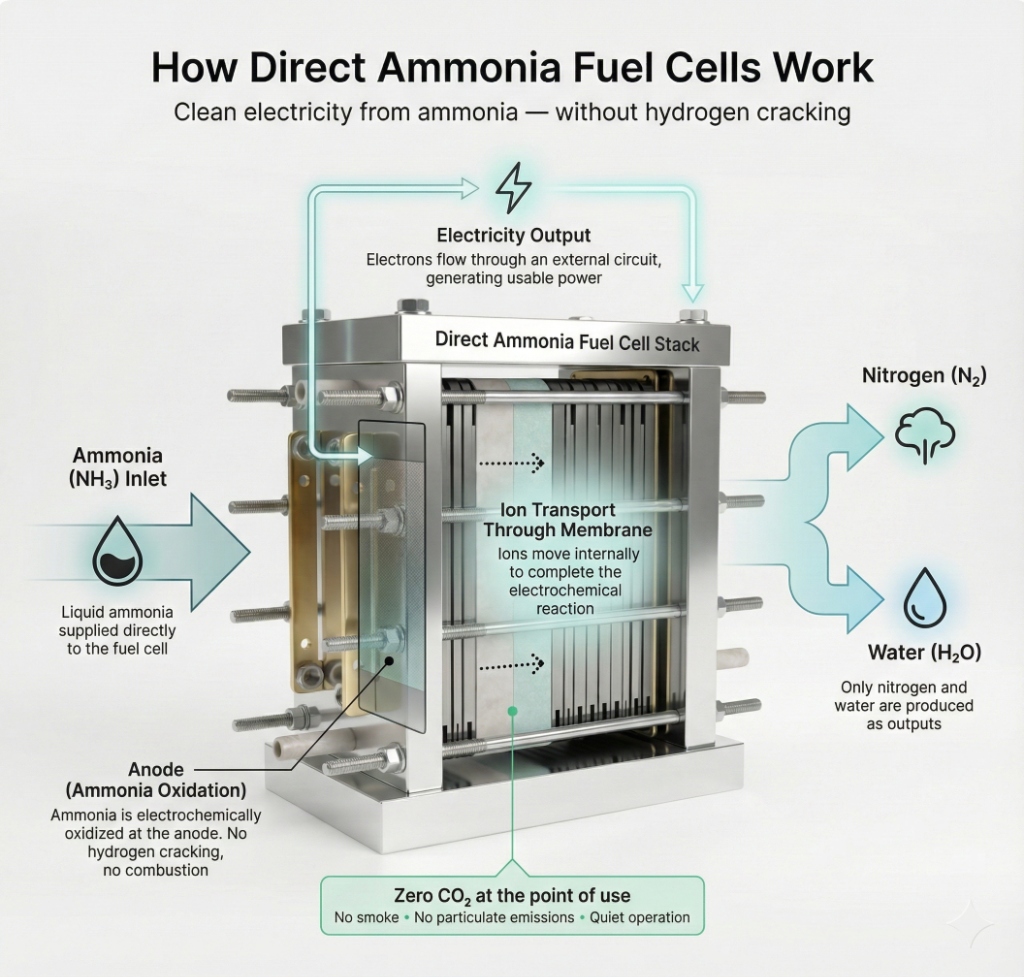 How Direct Ammonia Fuel Cells Work - Clean electricity from ammonia without hydrogen cracking