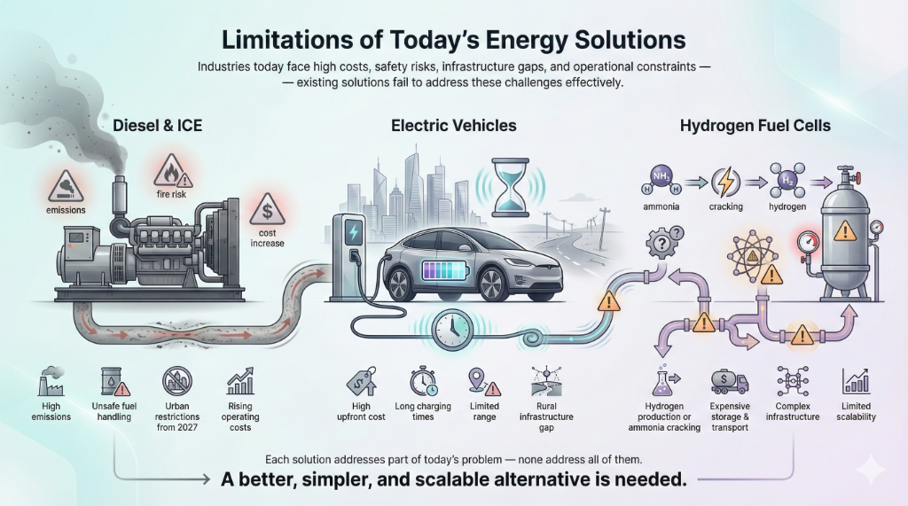 Limitations of Today's Energy Solutions - Diesel, Electric Vehicles, and Hydrogen Fuel Cells